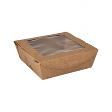 40 Feinkostboxen, Pappe mit Sichtfenster aus PLA eckig 650 ml 4,5 cm x 12 cm x 12 cm braun 100% Fair