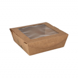 40 Feinkostboxen, Pappe mit Sichtfenster aus PLA eckig 650 ml 4,5 cm x 12 cm x 12 cm braun 100% Fair